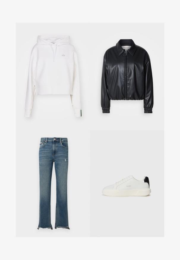 Schwarze, taillierte Jacke aus Kunstleder mit einem Reißverschluss vorn, spitzem Kragen und elastischen Bündchen. Verfügt über eine minimale Markenkennzeichnung auf der Brust.; Weißer, verkürzter Hoodie aus Baumwollmischung, mit Kordelzugkapuze, gerippten Bündchen und einem kleinen gestickten Logo auf der Brust.; Blaue Jeans aus Denim mit leichter Used-Optik, rohen, ausgefransten Säumen, Fronttaschen, Gürtelschlaufen und Knopfverschluss.; Weißer Sneaker mit einem Obermaterial aus glattem Leder, runder Zehenpartie, Schnürverschluss und einem kontrastierenden schwarzen Fersenakzent. Verfügt über eine strukturierte Gummisohle.