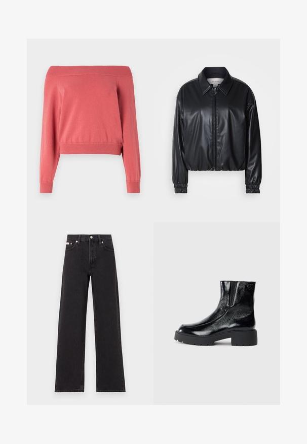 Giacca nera corta in ecopelle con zip frontale, colletto a punta e polsini elastici. Presenta una grafica minimalista sul petto.; Maglione corallo scaldacolle con maniche lunghe, collo e polsini a costine, e vita aderente. Tessuto morbido e testurizzato.; Jeans neri a gamba larga in denim, con vita alta, styling a cinque tasche e chiusura con bottone metallico e cuciture a contrasto.; Stivali neri alla caviglia con una finitura in pelle laccata lucida, suola in gomma nera spessa e tacco rialzato; include un discreto dettaglio del logo sul lato.