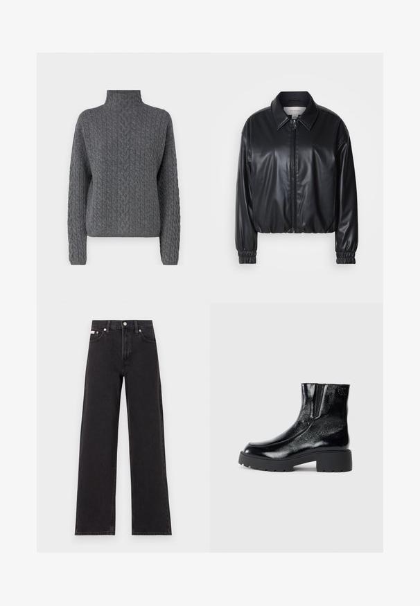 Juodas trumpas švarkas iš dirbtinės odos su užtrauktuku priekyje, smailiu apykaklės dizainu ir elastingomis rankovėmis. Švarke minimalus prekės ženklas ant krūtinės.; Pilkai nertinis megztinis su aukštu apykakle, turintis tekstūruotą raštą ir ilgas rankoves, pagamintas iš minkštos, šiltos medžiagos.; Juodos plačios kojų džinsai, pagaminti iš džinsinio audinio, su aukštu liemeniu, penkių kišenių stiliumi ir metaline sagte su kontrastingo siuvimo detalėmis.; Juodi kulkšniniai batai su blizgia lakuota oda, storu juodu guminio pado ir pakeltu kulnu; šone yra subtilus logotipo detalė.