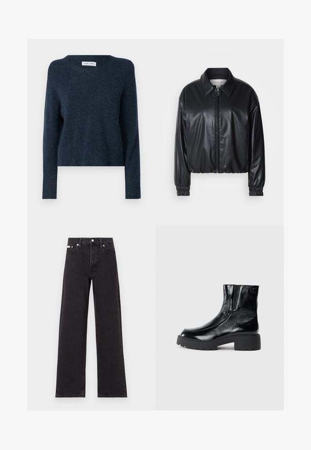 Chaqueta negra corta de piel sintética con cremallera frontal, cuello puntiagudo y puños elásticos. Presenta un branding mínimo en el pecho.; Suéter azul marino, hecho de material suave, presenta un escote redondo, mangas largas y un corte relajado con textura mínima.; Jeans anchos de mezclilla negros, con cintura alta, cinco bolsillos y cierre de botón metálico con costuras contrastantes.; Botines negros con acabado de charol brillante, suela de goma negra gruesa y tacón elevado; incluye un sutil detalle del logo en el lateral.