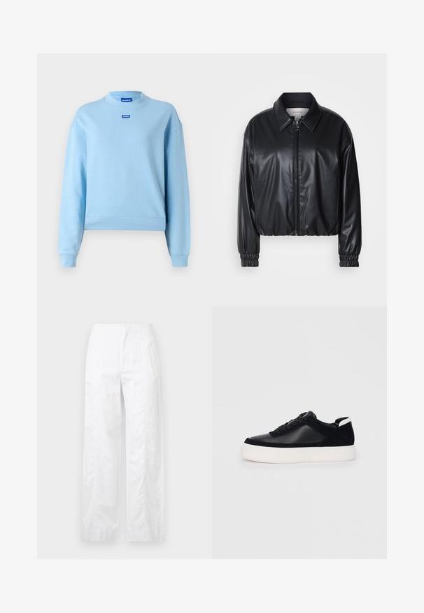 Melna, īsā jaka no mākslīgās ādas ar zipa priekšpusi, norādītām apkaklēm un elastīgām aprocēm. Uz krūtīm ir minimāla zīmola identifikācija.; Gaiši zils sporta krekls ar apaļu kakla izgriezumu, ribotiem piedurkņu galiem un apakšmalu, ar nelielu zilu logotipa etiķeti priekšā. Mīksta, gluda auduma.; Baltas, plaša kāju bikses, izgatavotas no viegla auduma, ar gludu tekstūru, tīrām līnijām un augstu jostasvietu.; Melnas sporta kurpes ar gludu ādu un zamša paneļiem, plakaniem šņorēm, noapaļotu pirkstu daļu un baltu gumijas zolīti. Izteikts logo uz papēža.