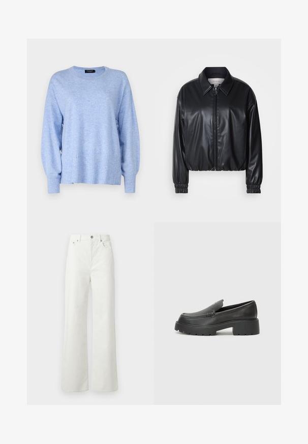 Schwarze, taillierte Jacke aus Kunstleder mit einem Reißverschluss vorn, spitzem Kragen und elastischen Bündchen. Verfügt über eine minimale Markenkennzeichnung auf der Brust.; Hellblauer Strickpullover mit rundem Ausschnitt, geripptem Saum und langen, leicht puffigen Ärmeln. Weiche Textur mit meliertem Muster.; Samsøe Samsøe SHELLY - Jeans Relaxed Fit - clear cream; Schwarze Lederloafer mit einer abgerundeten Spitze, dicker strukturierten Laufsohle und minimalen Nähten. Schlankes Design ohne sichtbare Schnürsenkel oder Beschläge.