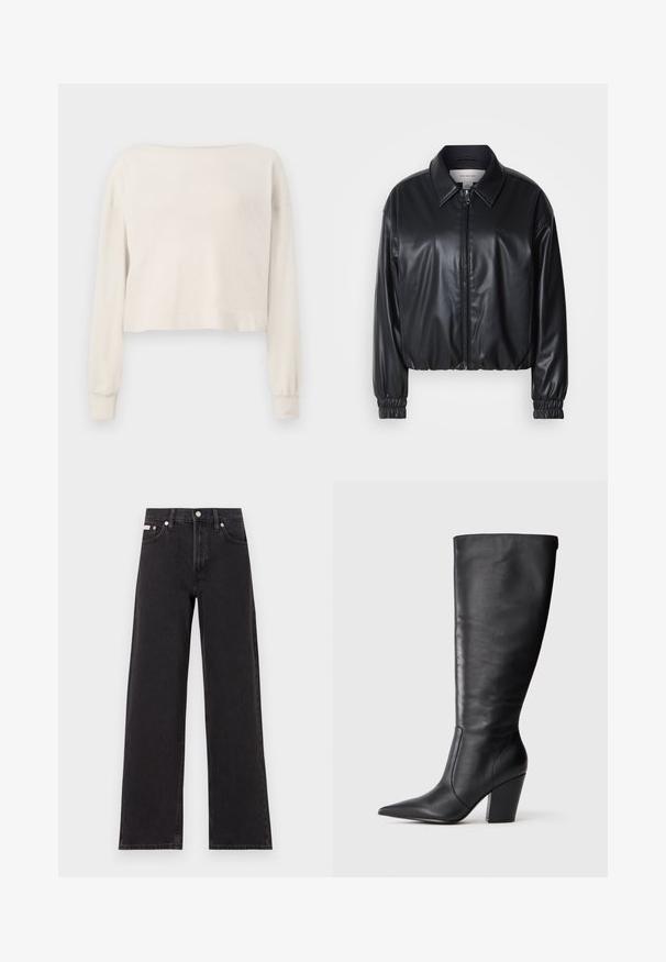 Schwarze, taillierte Jacke aus Kunstleder mit einem Reißverschluss vorn, spitzem Kragen und elastischen Bündchen. Verfügt über eine minimale Markenkennzeichnung auf der Brust.; Langärmliger, elfenbeinfarbener, kurz geschnittener Pullover mit weitem Ausschnitt und gerippten Bündchen auf weißem Hintergrund.; Schwarze weit geschnittene Jeans aus Denim mit einem hoch sitzenden Bund, fünf Taschen und einem Metallknopfverschluss mit kontrastierendem Nähte.; Schwarze kniehohe Lederstiefel mit spitzem Zehen und klobigem hohen Absatz, von der linken Seitenansicht auf weißem Hintergrund gezeigt.