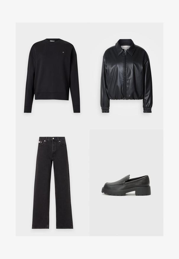 Must have musternahk, mis on valmistatud kunstnahast, lukuga esifaas, terava krae ja elastsete mansettidega. Rinnas minimaalne brändingu element.; Mustast puuvillasegust dressipluusist, millel on ümmargune kaelus, langetatud õlad ja väike logo rinnal. Sile tekstuur, mugav lõige.; Mustad laiad mustad teksad, millel on kõrge vöökoht, viie tasku stiil ja metallist nööpkinnitus kontrastsete õmblustega.; Mustad nahast loafers ümarate varvastega, paksu tekstuuriga tald ja minimaalsete õmbluse detailidega. Viimistletud disain, kus pole nähtavaid paelu ega riistu.