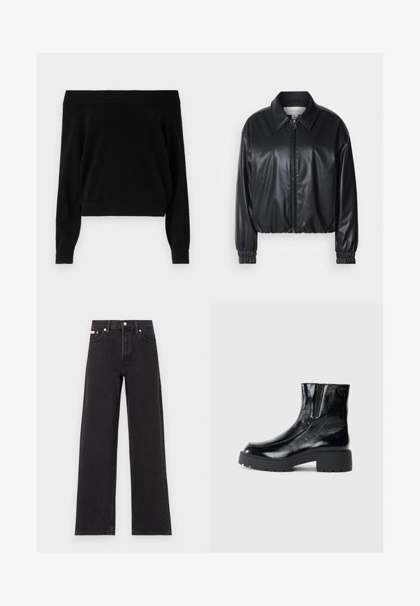 Zwarte cropped jacket van faux leer met een ritssluiting aan de voorkant, puntige kraag en elastische manchetten. Bevat minimale branding op de borst.; Zwarte off-the-shoulder trui met lange mouwen, geribbelde halslijn en zoom, gemaakt van een zachte, gestructureerde stof. Eenvoudig, casual ontwerp.; Zwarte wijde spijkerbroeken van denim, met een hoge taille, vijf-pocket stijl en een metalen knoopsluiting met contrasterende stiksels.; Zwarte enkellaarsjes met een glanzende lakleren afwerking, chunky zwarte rubberen zool en verhoogde hak; inclusief subtiele logo-detail aan de zijkant.