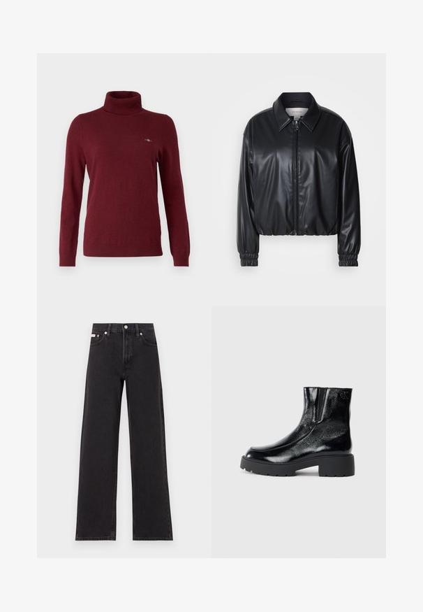 Black cropped jacket in faux leather with a zip front, pointed collar, and elastic cuffs. Features minimal branding on the chest.; GANT ROLLNECK - Jumper - plumped red; Black wide-leg jeans made of denim, featuring a high-rise waist, five-pocket styling, and a metal button closure with contrasting stitching.; Black ankle boots with a glossy patent leather finish, chunky black rubber sole, and raised heel; includes subtle logo detail on the side.