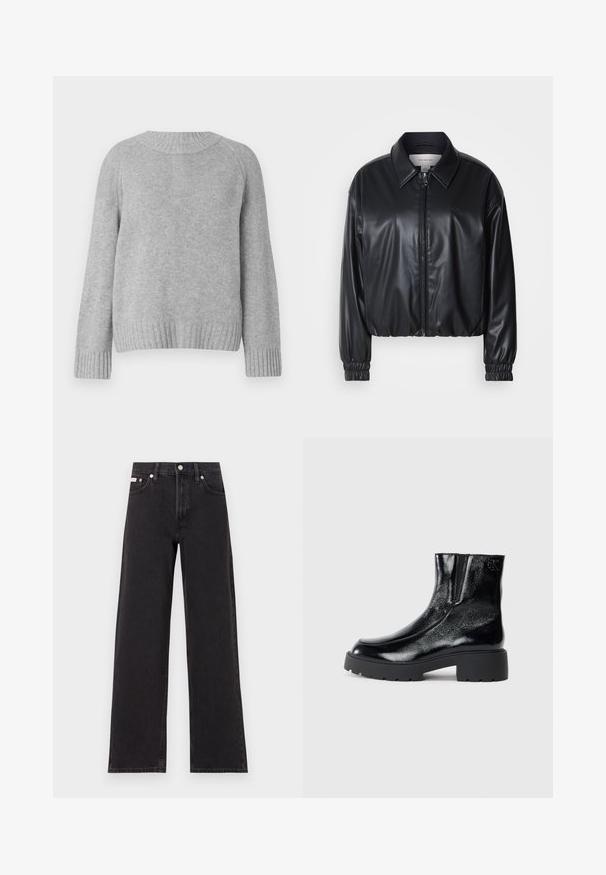 Black cropped jacket in faux leather with a zip front, pointed collar, and elastic cuffs. Features minimal branding on the chest.; Light gray sweater with a rounded neckline, raglan sleeves, and ribbed cuffs and hem. The texture appears soft and knit.; Black wide-leg jeans made of denim, featuring a high-rise waist, five-pocket styling, and a metal button closure with contrasting stitching.; Black ankle boots with a glossy patent leather finish, chunky black rubber sole, and raised heel; includes subtle logo detail on the side.