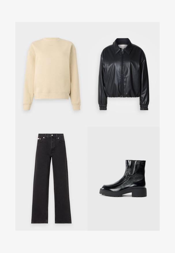 Jacket cropped preto em couro sintético com fecho zip, colarinho pontudo e punhos elásticos. Apresenta uma marcação mínima no peito.; Sweatshirt de algodão bege com mangas longas, decote redondo e um corte solto. Apresenta um logotipo discreto no peito e punhos e bainha canelados.; Jeans de perna larga pretos feitos de denim, apresentando uma cintura alta, estilo de cinco bolsos e um fecho em botão de metal com costura contrastante.; Botas de tornozelo pretas com acabamento em pele envernizada brilhante, sola de borracha preta robusta e salto elevado; inclui um detalhe discreto do logótipo na lateral.