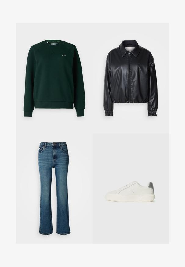 Fekete, rövidített fazonú műbőr dzseki, elöl cipzárral, hegyes gallérral és rugalmas mandzsettákkal. Minimalista logó található a mellkason.; Lacoste Melegítőfelső - sinople; Magas derekú kék farmernadrág, egyenes szárú dizájnnal, enyhe kopással és normál gombos-zipzáros záródással.; Fehér bőr sportcipő sima textúrával, ezüst díszítéssel a saroknál, lapos talpú és minimalista dizájnnal.