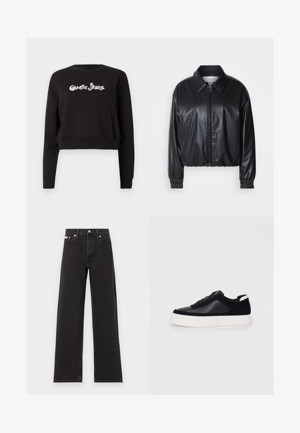 Jacket cropped preto em couro sintético com fecho zip, colarinho pontudo e punhos elásticos. Apresenta uma marcação mínima no peito.; Sweatshirt cropped preto feito de algodão, com mangas longas e decote redondo. A parte da frente exibe a marca "Guess Jeans" em branco.; Jeans de perna larga pretos feitos de denim, apresentando uma cintura alta, estilo de cinco bolsos e um fecho em botão de metal com costura contrastante.; Sapatilha preta com painéis de pele lisa e camurça, atacadores planos, bico arredondado e sola de borracha branca. Logótipo distinto no calcanhar.