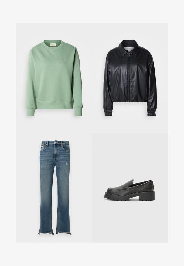 Jachetă scurtă neagră din piele ecologică, cu fermoar frontal, guler ascuțit și manșoane elastice. Prezintă o marcaj minim pe piept.; Hanorac verde mentă cu guler rotund, mâneci lungi, mansete și tiv din tricot. Prezentă un mic logo brodat pe piept.; Blugi din denim albastru cu uzură ușoară, tivuri dezrădăcinate, buzunare frontale, bucle pentru centură și închidere cu nasture.; Mocasini din piele neagră, cu vârf rotunjit, talpă groasă texturată și detalii minimale de cusătură. Design elegant, fără șireturi sau accesorii vizibile.