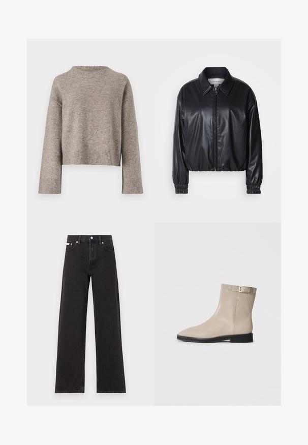 Veste noire courte en simili cuir avec fermeture éclair à l'avant, col pointu et poignets élastiques. Présente un marquage minimal sur la poitrine.; Pull court marron clair en tricot doux, avec un col et des poignets côtelés, offrant une coupe décontractée et des épaules tombantes.; Jeans noirs à jambes larges en denim, avec une taille haute, une coupe à cinq poches et une fermeture à bouton en métal avec des coutures contrastantes.; Bottes en cuir beige à la cheville avec un bout pointu, semelle noire, talon bas et une sangle à boucle dorée sur le côté externe, présentées sur un fond blanc.