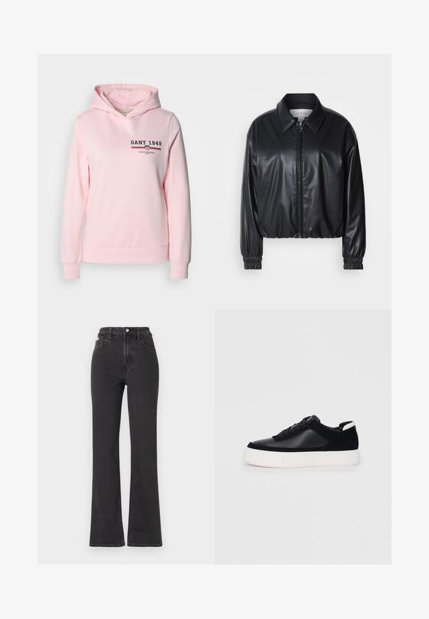 Melna, īsā jaka no mākslīgās ādas ar zipa priekšpusi, norādītām apkaklēm un elastīgām aprocēm. Uz krūtīm ir minimāla zīmola identifikācija.; Rozā kapuce, kas izgatavota no kokvilnas maisījuma, ar priekšējo logotipu un horizontālām svītrām. Tam ir regulējama kapuce un ribotas aproces un apakšmala.; Melnas augstā jostasvietā plati izgrieztas džinsus no denima, ar pogu aizdari, jostas cilpām un sānu kabatām. Gluda tekstūra ar minimālu izbalēšanu.; Melnas sporta kurpes ar gludu ādu un zamša paneļiem, plakaniem šņorēm, noapaļotu pirkstu daļu un baltu gumijas zolīti. Izteikts logo uz papēža.