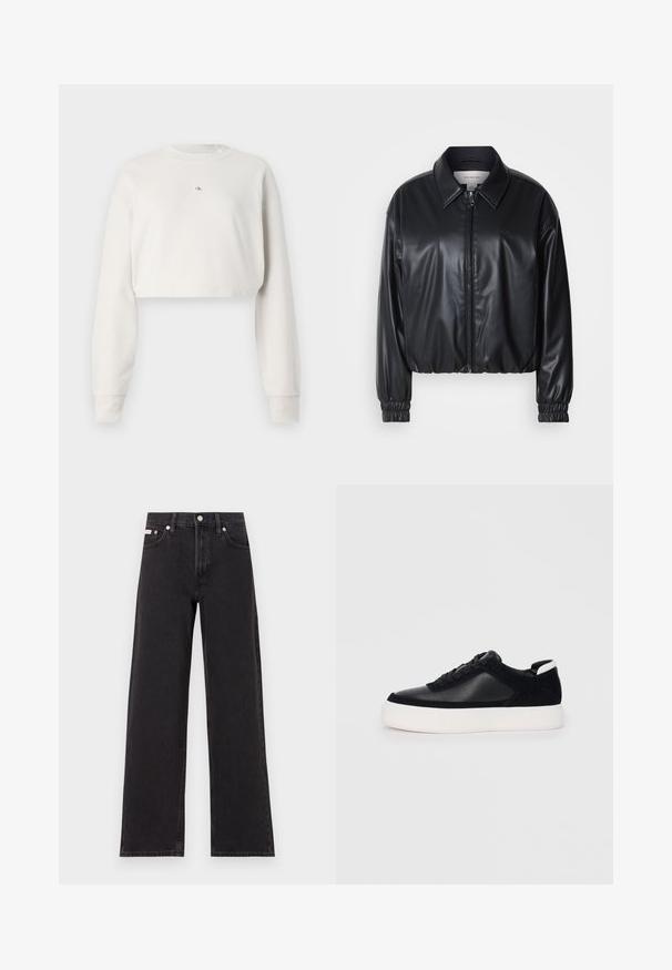 Zwarte cropped jacket van faux leer met een ritssluiting aan de voorkant, puntige kraag en elastische manchetten. Bevat minimale branding op de borst.; Helaas sweatshirt in lichtgrijze stof, met lange mouwen, een ronde hals en een klein logo in het midden. Zachte textuur.; Zwarte wijde spijkerbroeken van denim, met een hoge taille, vijf-pocket stijl en een metalen knoopsluiting met contrasterende stiksels.; Zwarte sneaker met glad leer en suede panelen, platte veters, ronde neus en een witte rubberen zool. Duidelijk logo op de hiel.