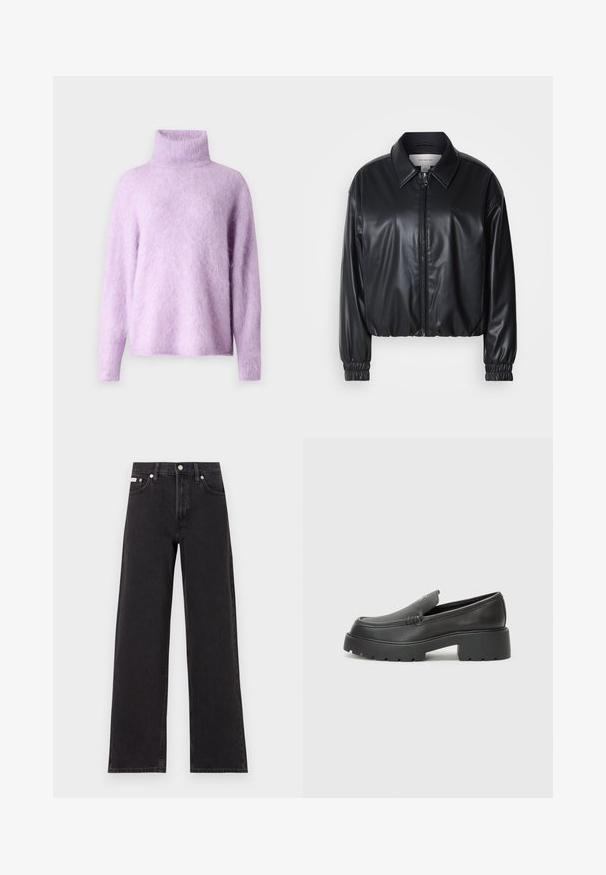 Juodas trumpas švarkas iš dirbtinės odos su užtrauktuku priekyje, smailiu apykaklės dizainu ir elastingomis rankovėmis. Švarke minimalus prekės ženklas ant krūtinės.; Švelnus, pūkuotas lila spalvos megztinis su aukštu kaklu. Turi ilgas rankoves ir laisvą prigludimą su išradingu apykaklės dizainu. Nėra matomų raštų ar metalinių detalių.; Juodos plačios kojų džinsai, pagaminti iš džinsinio audinio, su aukštu liemeniu, penkių kišenių stiliumi ir metaline sagte su kontrastingo siuvimo detalėmis.; Juodi odiniai loaferiai su apvaliu pirštu, storu tekstūruotu padu ir minimaliu siūlių dekoru. Išskirtinis dizainas be matomų raištelių ar furnitūros.
