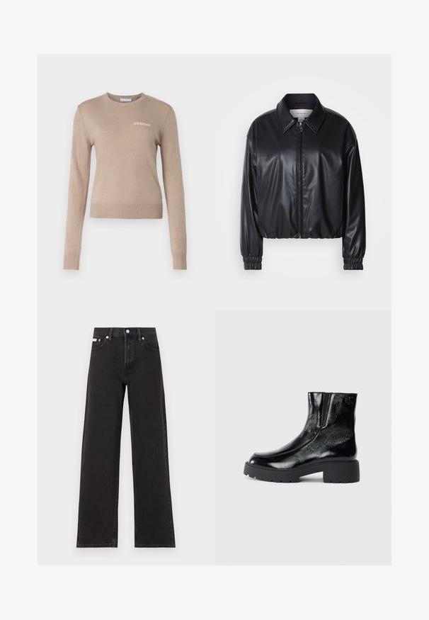 Schwarze, taillierte Jacke aus Kunstleder mit einem Reißverschluss vorn, spitzem Kragen und elastischen Bündchen. Verfügt über eine minimale Markenkennzeichnung auf der Brust.; Beige Strickpullover mit langen Ärmeln, rundem Halsausschnitt, geripptem Saum und Bündchen, mit dezentem weißen "2ND DAY" Logo auf der Brust.; Schwarze weit geschnittene Jeans aus Denim mit einem hoch sitzenden Bund, fünf Taschen und einem Metallknopfverschluss mit kontrastierendem Nähte.; Schwarze Knöchelstiefel mit glänzender Lackleder-Oberfläche, einer kräftigen gummierten schwarzen Sohle und Absatz; mit dezentem Logodetail an der Seite.