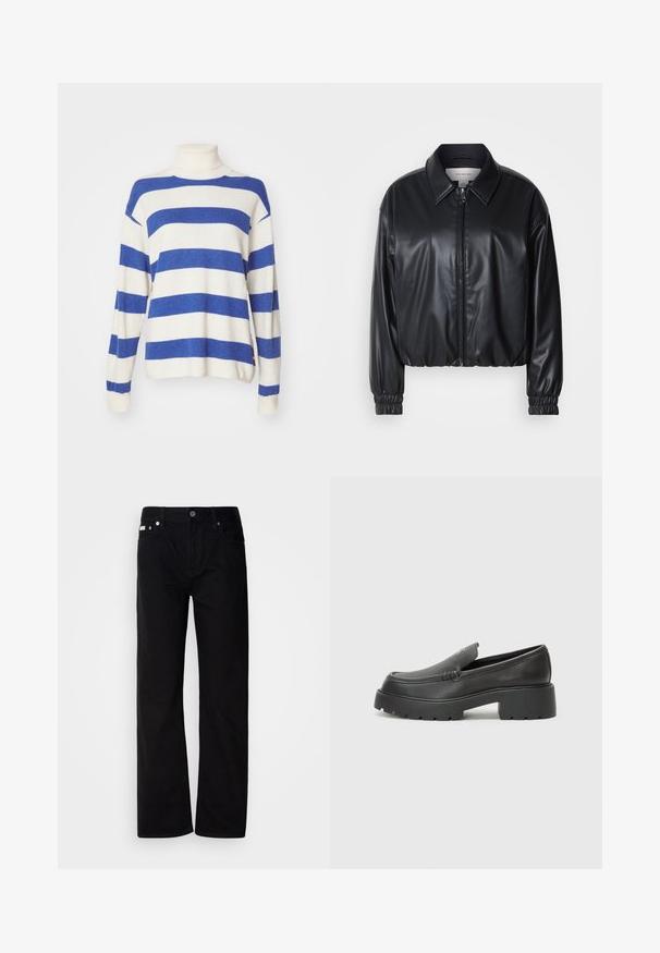 Black cropped jacket in faux leather with a zip front, pointed collar, and elastic cuffs. Features minimal branding on the chest.; Striped sweater with a high mock neck, featuring alternating wide blue and cream stripes, knitted texture, and loose-fitting sleeves.; Black denim straight-leg pants with five pockets, silver rivets, and a button fly. The fabric has a smooth, slightly textured finish.; Black leather loafers with a rounded toe, thick textured sole, and minimal stitching details. Sleek design with no visible laces or hardware.