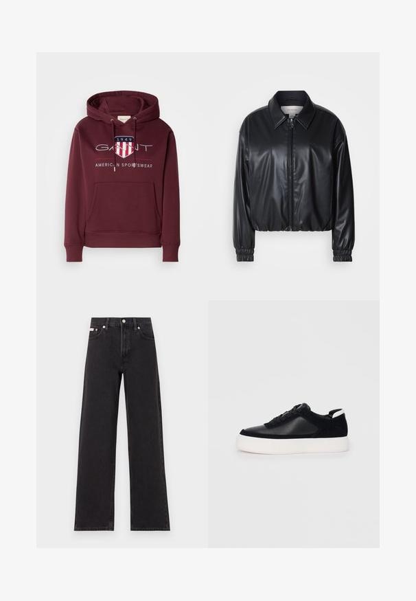 Zwarte cropped jacket van faux leer met een ritssluiting aan de voorkant, puntige kraag en elastische manchetten. Bevat minimale branding op de borst.; Bordeaux hoodie van zachte stof, met een voorzak, trekkoord en een logo met een schild en de tekst "1949" op de borst.; Zwarte wijde spijkerbroeken van denim, met een hoge taille, vijf-pocket stijl en een metalen knoopsluiting met contrasterende stiksels.; Zwarte sneaker met glad leer en suede panelen, platte veters, ronde neus en een witte rubberen zool. Duidelijk logo op de hiel.
