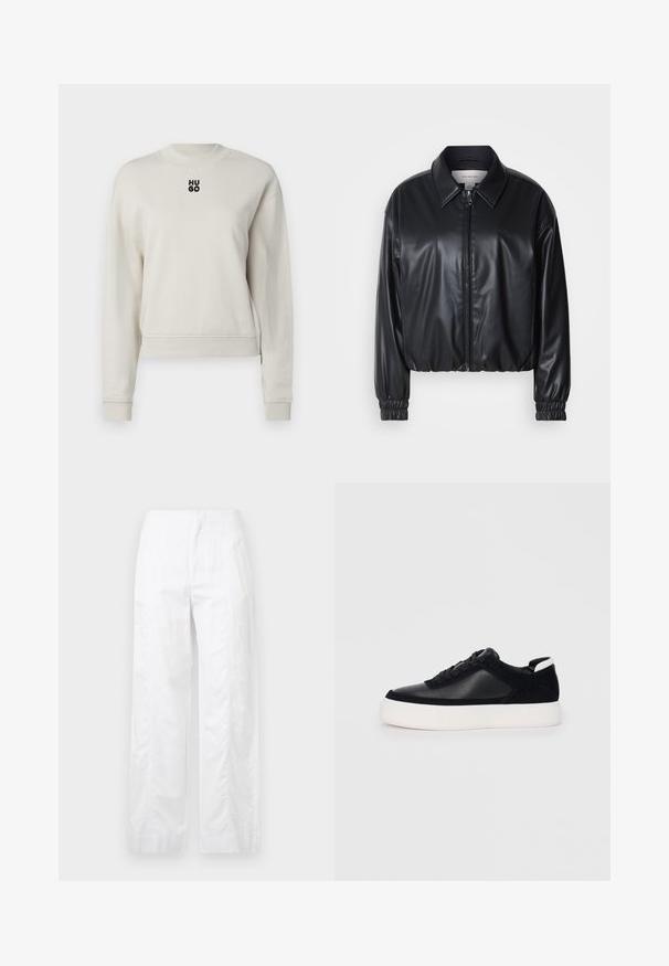 Must have musternahk, mis on valmistatud kunstnahast, lukuga esifaas, terava krae ja elastsete mansettidega. Rinnas minimaalne brändingu element.; Kreemivärvi särk ümmarguse kaelusega, soonikkoes mansettide ja alumise servaga; esipaneelil on keskelt must "HUGO" logo.; Valged laiad püksid, mis on valmistatud kergetest materjalidest, omades siledat tekstuuri, puhtaid jooni ja kõrget vöökohta.; Mustad mustad spordijalanõud siledast nahast ja sametist paneelidega, lame nööriga, ümar varvas ja valge kummist tallaga. Erakordne logo kontsas.