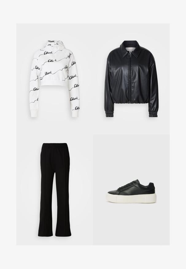 Jachetă scurtă neagră din piele ecologică, cu fermoar frontal, guler ascuțit și manșoane elastice. Prezintă o marcaj minim pe piept.; Hanorac scurt alb, realizat dintr-un material moale, cu un model de logo scris negru pe toată suprafața. Include o glugă cu șnur și manșete cu nervuri.; Pantaloni negri cu talie elastică, cu un design evazat, prezentând linii curate și fără embellismente vizibile. Fabricate dintr-un material neted și elastic.; Adidași din piele neagră cu vârf rotund, talpă platformă albă și șireturi negre. Prezintă un logo discret pe toc și o textură netedă.