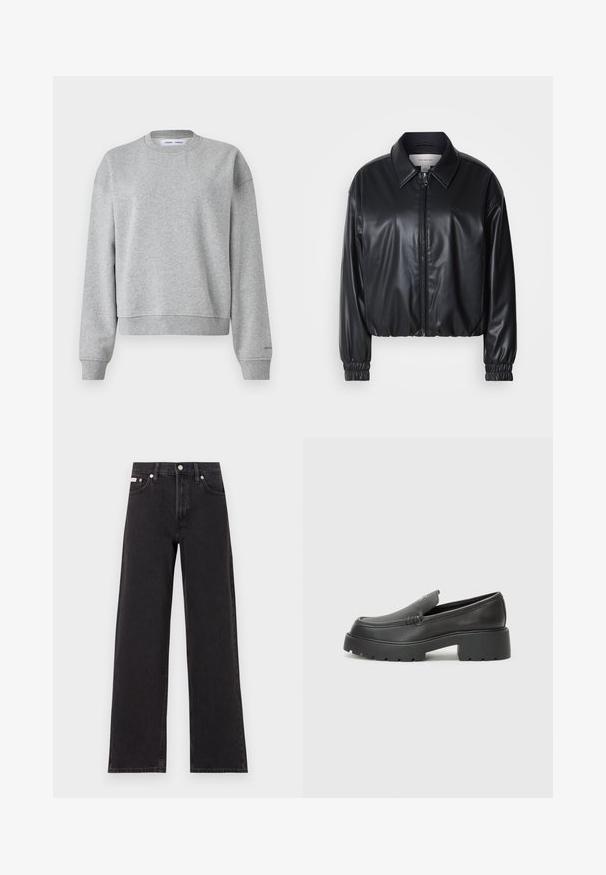 Schwarze, taillierte Jacke aus Kunstleder mit einem Reißverschluss vorn, spitzem Kragen und elastischen Bündchen. Verfügt über eine minimale Markenkennzeichnung auf der Brust.; Grauer Sweatshirt mit rundem Halsausschnitt, langen Ärmeln und einem leicht verkürzten Design. Aus weichem Stoff mit gerippten Bündchen und Saum.; Schwarze weit geschnittene Jeans aus Denim mit einem hoch sitzenden Bund, fünf Taschen und einem Metallknopfverschluss mit kontrastierendem Nähte.; Schwarze Lederloafer mit einer abgerundeten Spitze, dicker strukturierten Laufsohle und minimalen Nähten. Schlankes Design ohne sichtbare Schnürsenkel oder Beschläge.