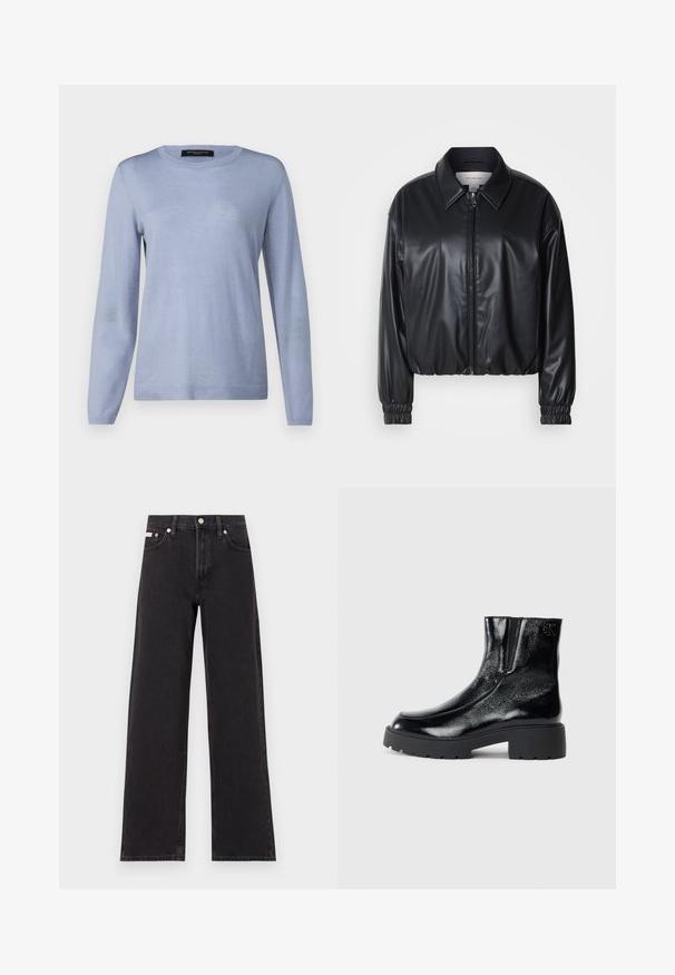 Čierna skrátená bunda z umielej kože s predným zipsom, špicatým golierom a elastickými manžetami. Obsahuje minimálne logo na hrudi.; Svetlo modrý sveter s dlhým rukávom vyrobený z mäkkej látky. Má okrúhly výstrih a jemné švy pozdĺž švov.; Čierne široké džínsy vyrobené z denimu, s vysokým pásom, piatimi vreckami a kovovým zapínaním s kontrastným šitím.; Čierne kotníkové topánky s lesklým patentným koženým povrchom, masívnou čiernou gumovou podrážkou a vyvýšeným podpätkom; na boku obsahujú jemný detail loga.