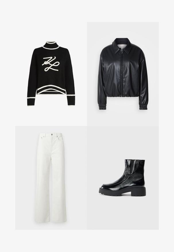 Jacket cropped preto em couro sintético com fecho zip, colarinho pontudo e punhos elásticos. Apresenta uma marcação mínima no peito.; Sweater preto de malha com um gola alta, detalhes brancos nas mangas e na bainha, apresentando um gráfico de logotipo branco em destaque na parte da frente.; Samsøe Samsøe SHELLY - Calças de ganga de corte relaxado - clear cream; Botas de tornozelo pretas com acabamento em pele envernizada brilhante, sola de borracha preta robusta e salto elevado; inclui um detalhe discreto do logótipo na lateral.