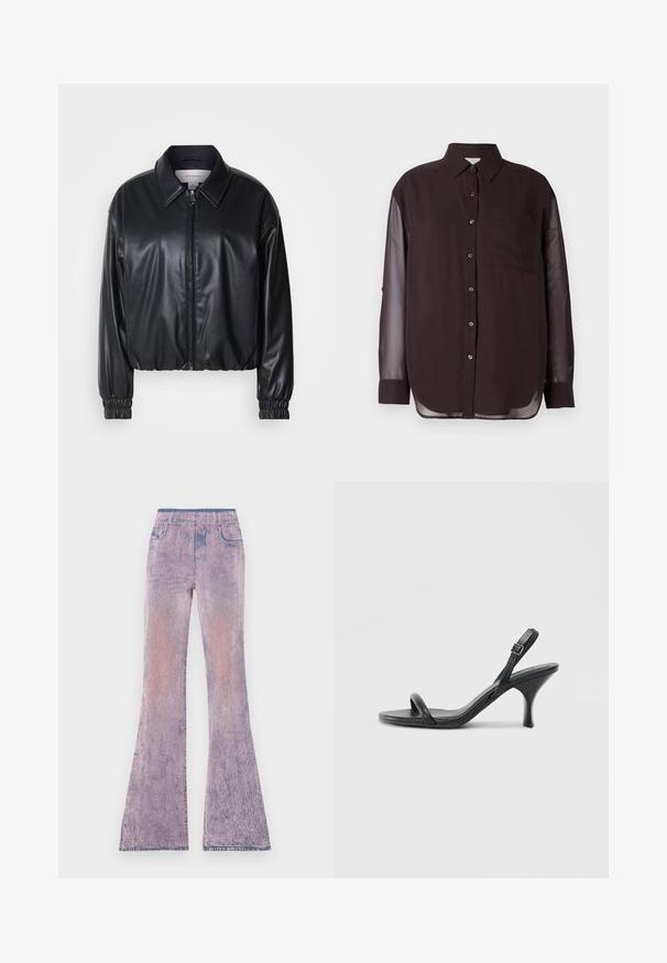 Svart cropped jakke i faux skinn med glidelås foran, spiss krage og elastiske mansjetter. Har minimal merkevareprofil på brystet.; Svart knapp-up skjorte med gjennomsiktige lange ermer, brystlomme og avrundet kant. Glatt stofftekstur; klassisk kragedesign.; Flared jeans i en gradient fra pastellrosa til lilla med en falmet tekstur. Har elastisk midje og fem-lommers design.; Sorte skinnhøye hæler med en slank, buet hæl og et kryssrem-design. Justerbar ankelrem. Glatt tekstur.