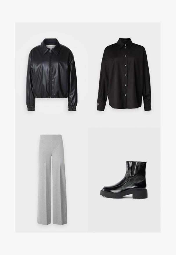 Black cropped jacket in faux leather with a zip front, pointed collar, and elastic cuffs. Features minimal branding on the chest.; DRYKORN LYSILA - Button-down blouse - black; Gray wide-leg trousers made of soft, stretchy fabric. Features a high waist and a smooth, minimal design without additional details.; Black ankle boots with a glossy patent leather finish, chunky black rubber sole, and raised heel; includes subtle logo detail on the side.
