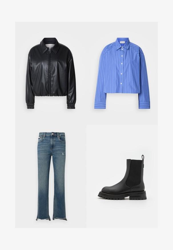 Melna, īsā jaka no mākslīgās ādas ar zipa priekšpusi, norādītām apkaklēm un elastīgām aprocēm. Uz krūtīm ir minimāla zīmola identifikācija.; Sagriezta zila krekla ar vertikālām baltām svītrām, klasiskā apkaklīte, garas piedurknes un pogu aizdare; izgatavots no gludas, vieglas auduma.; Zilas džinsa bikses ar vieglu nolietojumu, neapstrādātiem plēstiem apmales galiem, priekšējām kabatām, jostas cilpām un pogas aizdari.; Melnas potītes zābaku ar gludu ādas apdari, elastīgām sānu malām un masīvu gumijas zoli. Aizmugurē ir cilpiņas forma.