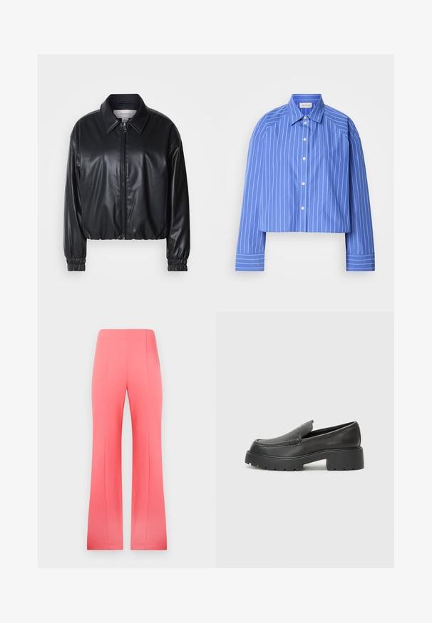 Jacket cropped preto em couro sintético com fecho zip, colarinho pontudo e punhos elásticos. Apresenta uma marcação mínima no peito.; Camisa azul cortada com riscas brancas verticais, colarinho clássico, mangas longas e fecho frontal por botões; confeccionada em tecido leve e suave.; Calças flared cor-de-rosa feitas de um tecido liso e elástico. Apresentam uma forma alongada com pregas frontais e uma bainha ajustada.; Mocassins de couro preto com bico arredondado, sola espessa e texturizada, e detalhes de costura minimalistas. Design elegante sem atacadores ou ferragens visíveis.