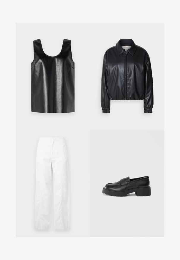 Fekete, rövidített fazonú műbőr dzseki, elöl cipzárral, hegyes gallérral és rugalmas mandzsettákkal. Minimalista logó található a mellkason.; Fekete ujjatlan felső fényes, texturált anyagból, kerek nyakkivágással és oldalsó zsebekkel, minimalista dizájnnal.; Fehér, széles szárú nadrág könnyű anyagból, sima textúrával, letisztult vonalakkal és magasderék kialakítással.; Fekete bőr loaferek, textúrált felülettel, a lábfejen egy téglalap alakú pánttal és vastag, barázdált talpformával.