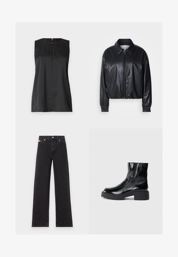Svart cropped jakke i faux skinn med glidelås foran, spiss krage og elastiske mansjetter. Har minimal merkevareprofil på brystet.; Svart ermeløs topp med rund hals, nøkkelhulldetalj foran og en glatt satinlignende tekstur. Minimalistisk design med rene linjer.; Svart bredbente jeans laget av denim, med høy livvidde, fem lommer, og metallknapp med kontrasterende søm.; Svarte ankelstøvler med en blank lakkfinish, kraftig svart gummisåle og hevet hæl; inkluderer subtile logo-detaljer på siden.