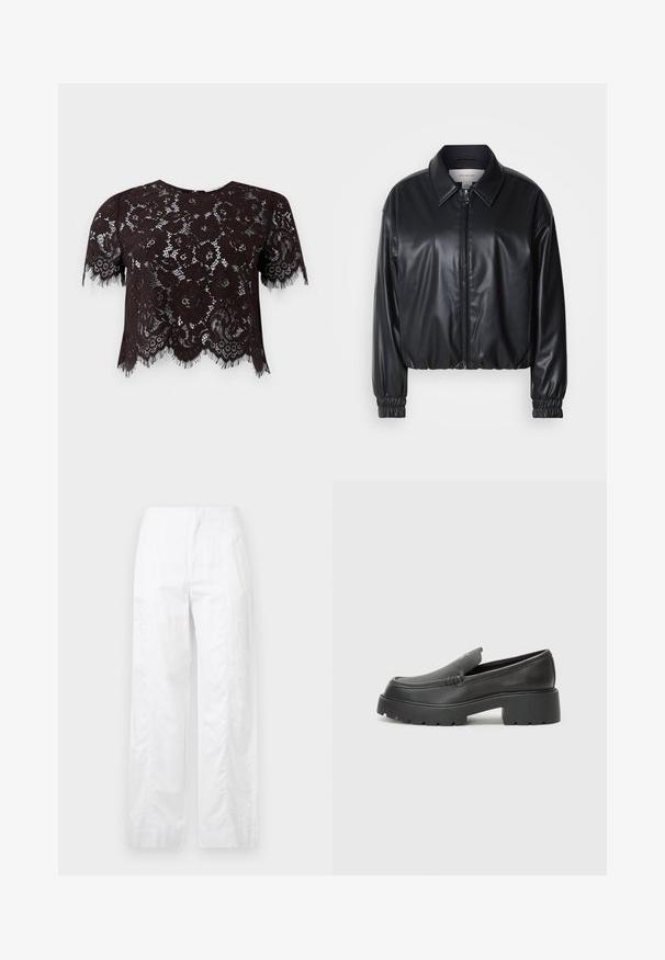 Jacket cropped preto em couro sintético com fecho zip, colarinho pontudo e punhos elásticos. Apresenta uma marcação mínima no peito.; Top cropped de renda preta com mangas curtas, apresentando padrões florais e bordas franjas. O design possui uma bainha com forma de arco para um detalhe adicional.; Calças brancas de perna larga feitas de um tecido leve, com uma textura suave, linhas limpas e um design de cintura alta.; Mocassins de couro preto com bico arredondado, sola espessa e texturizada, e detalhes de costura minimalistas. Design elegante sem atacadores ou ferragens visíveis.