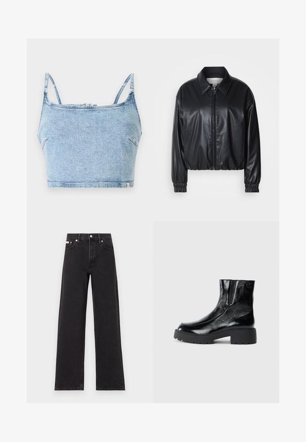 Jachetă scurtă neagră din piele ecologică, cu fermoar frontal, guler ascuțit și manșoane elastice. Prezintă o marcaj minim pe piept.; Crop top din denim de culoare albastru deschis, cu bretele subțiri ajustabile, având un sistem de închidere cu fermoar în față și o textură netedă, conceput pentru a oferi un aspect ajustat.; Jeanși negri cu picioare largi, fabricați din denim, cu talie înaltă, stil cu cinci buzunare și închidere cu nasture metalic, cu cusături contrastante.; Botine negre până la gleznă, cu un finisaj de piele lacuită strălucitoare, talpă de cauciuc neagră masivă și toc înălțat; include detalii subtile cu logo pe lateral.