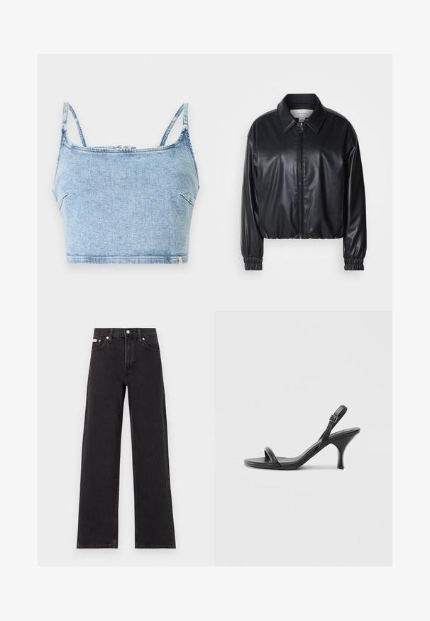 Black cropped jacket in faux leather with a zip front, pointed collar, and elastic cuffs. Features minimal branding on the chest.; Light blue denim crop top with thin adjustable straps, featuring a front zip closure and a smooth texture, designed for a fitted look.; Black wide-leg jeans made of denim, featuring a high-rise waist, five-pocket styling, and a metal button closure with contrasting stitching.; Black leather high-heeled sandals with a slim, curved heel and a crossed strap design. Adjustable ankle strap. Smooth texture.