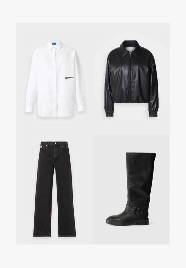 Must have musternahk, mis on valmistatud kunstnahast, lukuga esifaas, terava krae ja elastsete mansettidega. Rinnas minimaalne brändingu element.; Valge pika varrukaga nööbitav särk kraega, vasakul rinnal must kirjaga "KARL LAGERFELD JEANS" logo.; Mustad laiad mustad teksad, millel on kõrge vöökoht, viie tasku stiil ja metallist nööpkinnitus kontrastsete õmblustega.; Mustad kuni põlvedeni saapad, mis on valmistatud sileda nahast, ümarate varvastega, paksu tallaga ja horisontaalse rihmaga, millel on ristkülikukujuline lukku detail.