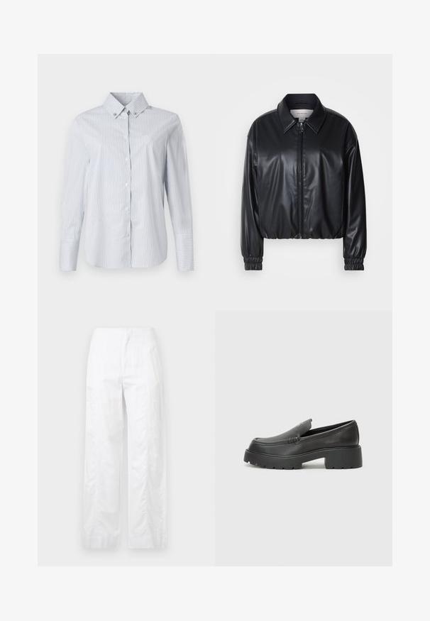 Čierna skrátená bunda z umielej kože s predným zipsom, špicatým golierom a elastickými manžetami. Obsahuje minimálne logo na hrudi.; Svetlomodrá a biela pruhovaná košeľa s gombíkmi, s vyvýšeným golierom, dlhými rukávmi a malým vyšitým logom na hrudi.; Biele široké nohavice z ľahkej látky, s hladkou textúrou, čistými líniami a vysokým pásom.; Čierne kožené mokasíny s okrúhlou špičkou, hrubou textúrovanou podrážkou a minimom stehovej výzdoby. Štíhly dizajn bez viditeľných šnúr alebo kovania.