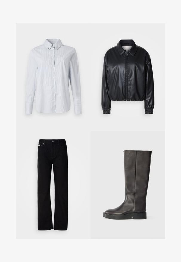 Črna krajša jakna iz umetnega usnja z zadrgo spredaj, koničastim ovratnikom in elastičnimi manšeti. Ima minimalno blagovno oznako na prsih.; Svetlo modra in bela prugaasta srajca s trakovi, s koničastim ovratnikom, dolgimi rokavi in majhnim izvezenim logotipom na prsih.; Črne jeanske hlače ravnega kroja s petimi žepi, srebrnimi zakovicami in gumbom za zapiranje. Tkanina ima gladko, rahlo strukturirano površino.; Črne usnjene gležnjarje do kolen z debelim podplatom in diskretnim logotipom Calvin Klein blizu zgornjega roba, prikazane s strani.