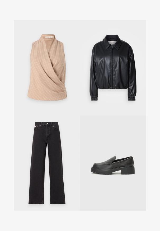 Veste noire courte en simili cuir avec fermeture éclair à l'avant, col pointu et poignets élastiques. Présente un marquage minimal sur la poitrine.; Haut sans manches beige avec un design drapé, arborant des rayures verticales blanches. Fabriqué en tissu léger avec une texture lisse.; Jeans noirs à jambes larges en denim, avec une taille haute, une coupe à cinq poches et une fermeture à bouton en métal avec des coutures contrastantes.; Mocassins en cuir noir avec un bout arrondi, une semelle épaisse et texturée, et des détails de couture minimalistes. Design épuré sans lacets ni métal visibles.