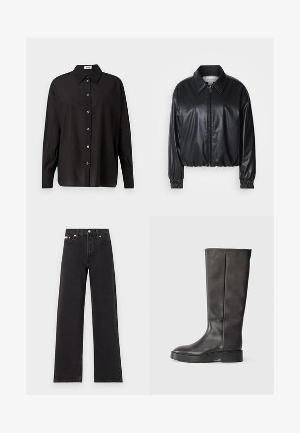 Black cropped jacket in faux leather with a zip front, pointed collar, and elastic cuffs. Features minimal branding on the chest.; Black button-up shirt with a classic collar, long sleeves, and a relaxed fit. Features shiny buttons along the front. Smooth, lightweight fabric.; Black wide-leg jeans made of denim, featuring a high-rise waist, five-pocket styling, and a metal button closure with contrasting stitching.; Black knee-high leather boot with thick sole and subtle Calvin Klein logo near the top edge, shown from the side.