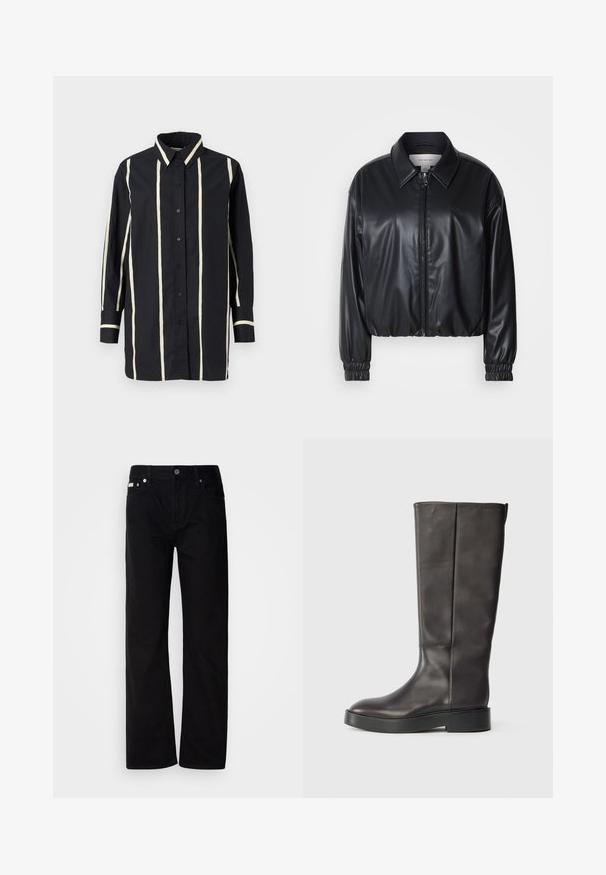 Črna krajša jakna iz umetnega usnja z zadrgo spredaj, koničastim ovratnikom in elastičnimi manšeti. Ima minimalno blagovno oznako na prsih.; Črna dolga majica z dolgimi rokavi z vertikalnimi bež črtami, z gumbom spredaj, klasičen ovratnik ter kontrastni robovi in obroba ovratnika.; Črne jeanske hlače ravnega kroja s petimi žepi, srebrnimi zakovicami in gumbom za zapiranje. Tkanina ima gladko, rahlo strukturirano površino.; Črne usnjene gležnjarje do kolen z debelim podplatom in diskretnim logotipom Calvin Klein blizu zgornjega roba, prikazane s strani.