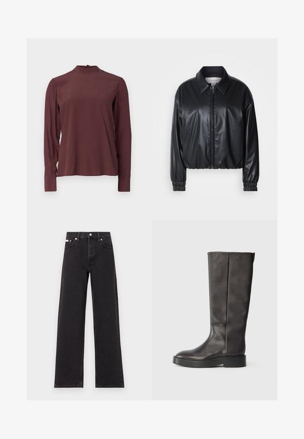 Juodas trumpas švarkas iš dirbtinės odos su užtrauktuku priekyje, smailiu apykaklės dizainu ir elastingomis rankovėmis. Švarke minimalus prekės ženklas ant krūtinės.; Bordinės spalvos ilgomis rankovėmis palaidinė su aukštu kaklu, subtiliu blizgesiu ir mygtukų uždarymu gale. Lygus audinys ir prisiūtos rankovės.; Juodos plačios kojų džinsai, pagaminti iš džinsinio audinio, su aukštu liemeniu, penkių kišenių stiliumi ir metaline sagte su kontrastingo siuvimo detalėmis.; Juodos odinės iki kelių botai su storu padu ir subtiliu Calvin Klein logotipu viršuje, matomi iš šono.