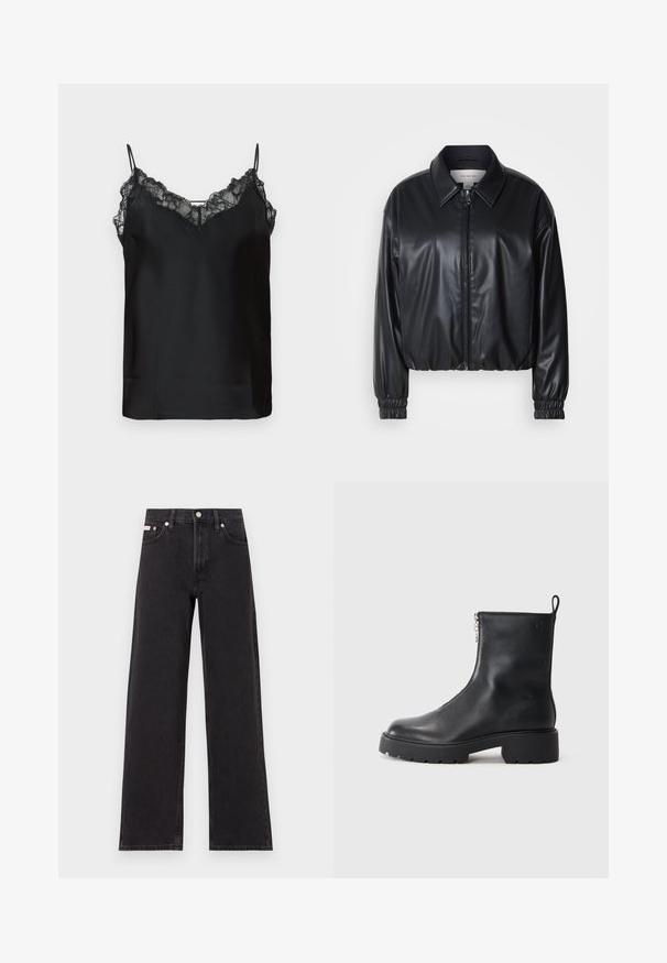 Crna skraćena jakna od umjetne kože s prednjim patentnim zatvaračem, oštrim ovratnikom i elastičnim manžetama. Ima minimalno brendiranje na prsima.; Crna majica bez rukava s tankim podesivim naramenicama, čipkastim rubom duž izreza i glatkom satenskom teksturom. Jednostavan i elegantan dizajn.; Crne široke traperice od denima, s visokim strukom, pet džepova i metalnim zatvaranjem s kontrastnim šavovima.; Crne kožne gležnjače s bočnim zatvaračem, okruglim vrhom i masivnom, teksturiranom potplatom. Suptilno brendiranje sa strane.