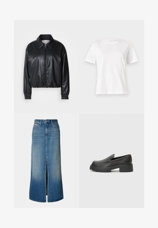 Črna krajša jakna iz umetnega usnja z zadrgo spredaj, koničastim ovratnikom in elastičnimi manšeti. Ima minimalno blagovno oznako na prsih.; Bela bombažna majica s kratkimi rokavi, okroglo izrezana in ohlapnega kroja. Gladka tekstura, brez vzorcev ali dodatkov, minimalističen dizajn.; Denim maksi krilo v svetlo modri barvi z sprednjim razporkom, zankami za pas, tradicionalnim pet-pocket dizajnom in s sprano obdelavo.; Črne usnjene loafers čevlje z zaobljenim nosom, debelim teksturiranim podplatom in minimalnimi šivi. Elegantna zasnova brez vidnih vezalk ali kovinskih delov.
