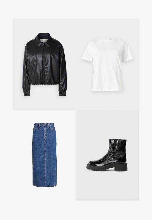 Jacket cropped preto em couro sintético com fecho zip, colarinho pontudo e punhos elásticos. Apresenta uma marcação mínima no peito.; T-shirt de algodão branco com mangas curtas, decote redondo e um corte descontraído. Textura suave, sem padrões ou detalhes, design minimalista.; Saia midi de ganga em azul médio com corte reto, fechamento frontal por botões, dois bolsos laterais e costura visível para textura.; Botas de tornozelo pretas com acabamento em pele envernizada brilhante, sola de borracha preta robusta e salto elevado; inclui um detalhe discreto do logótipo na lateral.