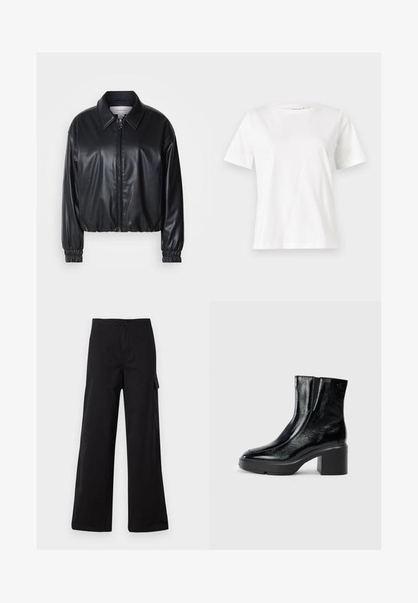 Čierna skrátená bunda z umielej kože s predným zipsom, špicatým golierom a elastickými manžetami. Obsahuje minimálne logo na hrudi.; Biela bavlnená tričko s krátkymi rukávmi, okrúhlym výstrihom a voľným strihom. Hladká textúra, bez vzorov alebo akcentov, minimalistický dizajn.; Čierne cargo nohavice z bavlny s rovnými nohavicami, obsahujúce bočnú vrecko a zapínanie na gombík. Hladká textúra a odolný materiál.; Čierne lakované členkové topánky s zakrivenou špičkou, elastickými bočnými panelmi a masívnym blokovým opätkom. S embosovaným logom na zadnej strane.