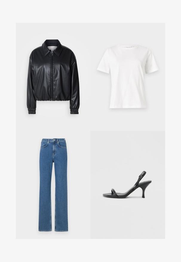 Juodas trumpas švarkas iš dirbtinės odos su užtrauktuku priekyje, smailiu apykaklės dizainu ir elastingomis rankovėmis. Švarke minimalus prekės ženklas ant krūtinės.; Balta medvilninė marškinėliai trumpomis rankovėmis, su apvalia iškirpte ir laisvu siluetu. Lygi tekstūra, be raštų ar akcentų, minimalistinis dizainas.; Mėlynos džinsinės kelnės su tiesia kojos dizainu, aukštu liemeniu, penkių kišenių stiliumi ir metaliniu mygtuko užsegimu. Diskretus tekstūros išvaizda ir minimalus blukimas.; Juodos odinės aukštakulnės šlepetės su plonu, kreiviu kulnu ir kryžminiu dirželio dizainu. Reguliuojamas kulkšnies dirželis. Lygus paviršius.