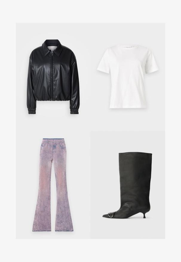 Czarna krótka kurtka z ekoskóry z zamkiem z przodu, spiczastym kołnierzem i elastycznymi mankietami. Posiada minimalistyczne logo na klatce piersiowej.; Biała bawełniana koszulka z krótkim rękawem, okrągłym dekoltem i luźnym krojem. Gładka tekstura, brak wzorów lub dodatków, minimalistyczny design.; Rozkloszowane dżinsy w gradiencie pastelowego różu do fioletu z wyblakłą teksturą. Posiadają elastyczny pas oraz pięć kieszeni.; Czarne skórzane botki za kostkę z szpiczastym noskiem, małym obcasem i metalicznym akcentem na nosku. Gładka, matowa faktura na całej powierzchni.