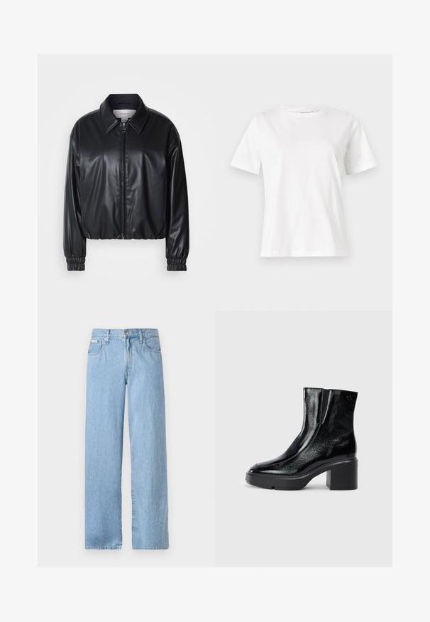 Juodas trumpas švarkas iš dirbtinės odos su užtrauktuku priekyje, smailiu apykaklės dizainu ir elastingomis rankovėmis. Švarke minimalus prekės ženklas ant krūtinės.; Balta medvilninė marškinėliai trumpomis rankovėmis, su apvalia iškirpte ir laisvu siluetu. Lygi tekstūra, be raštų ar akcentų, minimalistinis dizainas.; Šviesiai mėlyni plačių kojų džinsai, pagaminti iš džinsinio audinio, su vidutinio aukščio liemeniu, metaliniu mygtuku ir penkiomis kišenėmis, pasižyminčiomis matomomis siuvimo detalėmis.; Juodi lakiniai auliniai batai iki kulkšnies, su išlenktu pirštu, elastinėmis šoninėmis panelėmis ir masyviu blokuotu kulnu. Apdailoje užpakalinėje dalyje įspaustas logotipas.